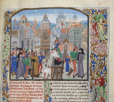1375 年、ボルドーのフロンサック子爵、ギョーム サンシュ 4 世ド ポミエの処刑、1470～1475 年頃。 作： Loyset Liedet