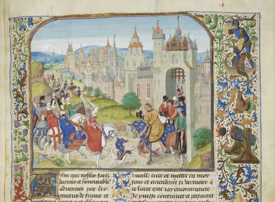 フランスのイザベラは、1470 年から 1475 年頃、弟のシャルル 4 世にパリに迎えられました。 作： Loyset Liedet