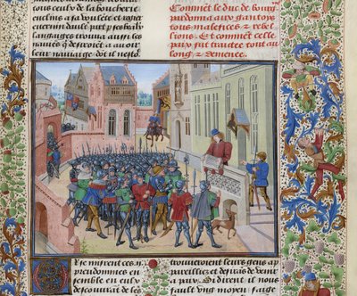 ジャン・ド・ヘイレはゲントで大胆不敵なフィリップ2世の手紙を読みます.1470-1475年頃. 作： Loyset Liedet