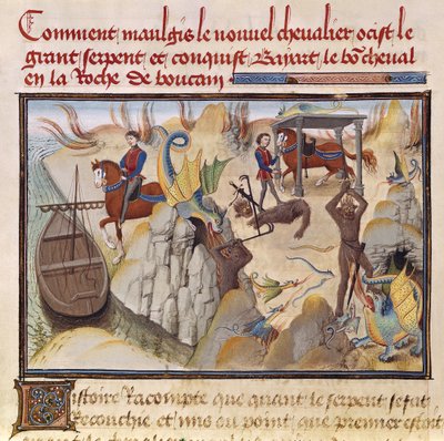 Ms 5072 fol.37vルギ・ド・モントーバンサイクルから蛇と戦い、魅惑の馬、ベヤードを手に入れるモーギス 作： Loyset Liedet