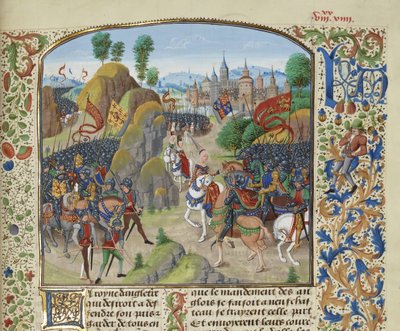 1346 年 10 月 17 日、1470 年から 1475 年頃のネヴィルズ クロスの戦いの前のハイノーのフィリッパ女王。 作： Loyset Liedet