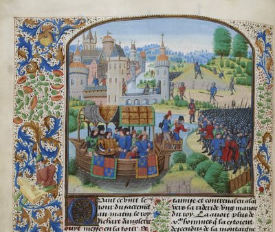 リチャード 2 世は、1381 年 6 月 14 日、1470 年から 1475 年頃に反乱軍と会談します。 作： Loyset Liedet