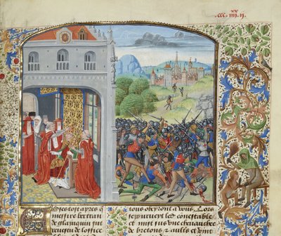 教皇グレゴリウス 11 世の戴冠式とポンヴァランの戦い、1370 年、1470 ～ 1475 年頃。 作： Loyset Liedet