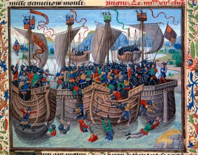 1342年、ロベール・アルトワとスペインのルイに対立するフランス人とイギリス人の間で行われたガーンジー島の戦いの様子 ロイセット・リーデ（1420-1479）がジャン・フロワサール（1337-1400）の年代記から描いたミニチュア 15世紀 パリ、B.N. 作： Loyset Liedet