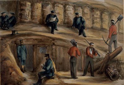 1855年頃、セバストポルの塹壕で休んでいる王立砲兵連隊の砲手 作： Lt. Henry James Alderson