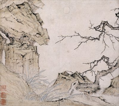 スイセン、風景の中の梅の木（紙にインクとカラー） 作： Lu Zhi