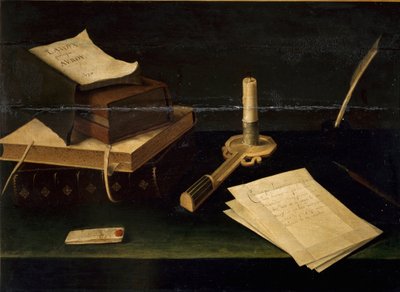 本、羽、手紙、蝋燭の静物画 リュバン・ボーギン（1610-1663） 17世紀 ローマ ガレリア・スパダ 作： Lubin Baugin