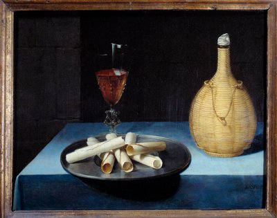 ビスケット、ワインボトル、グラスなどの静物のウエハースデザートです。リュバン・ボーギン（1612-1663）の絵画 17世紀 日0,41x0,52 m . 作： Lubin Baugin