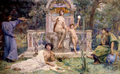 ホテル・ワテル＝デハイナンの装飾：ヴェリテ。天文学、音楽と詩、絵画の寓意に囲まれています。リュック・オリヴィエ・メルソン（1846-1920）の絵画 作： Luc Oliver Merson