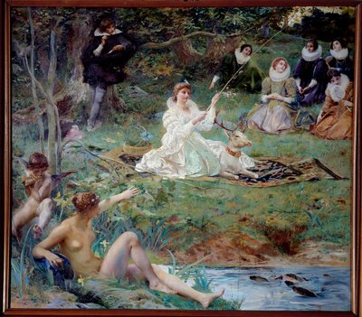 モンモランシー公爵夫人マリー・F・デ・ウルサンと詩人テオフィル・ド・ヴィアウ a Chantilly at the Pavilion of Sylvie 画：Luc Olivier Merson (1846-1920) 1895 Sun.1,88 X 2,10 m シャンティ、Musee Conde 作： Luc Oliver Merson