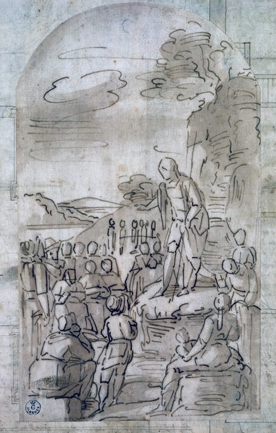 説教する聖ヨハネ・バプティスト、ルカ・カンビアソ（1527-1585）作、ペンとグワッシュのドローイング、イタリア 作： Luca Cambiaso