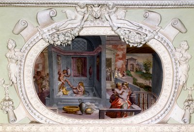 浴場、誘惑の場面。ルカ・カンビアソ（1527-1585）のフレスコ画 作： Luca Cambiaso