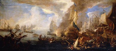 フォアグラウンドでのサルデーニャとベネチアンの軍艦とサルデーニャとエジプト（？）のゲラとの海戦、 作： Luca Carlevaris