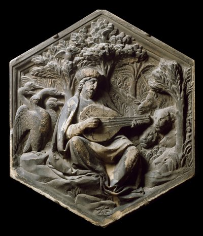 オルフェとしての音楽の寓話森の動物たちは、オルフェがリュートを演奏するのを聞いています。ルカ・デッラ・ロッビアによる高浮き彫り 作： Luca Della Robbia