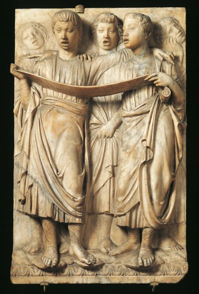 歌う子供たち、ルカ・デッラ・ロッビア（約1400～1481年）のカントリア（聖歌隊の回廊）の細部、大理石、フィレンツェのサンタ・マリア・デル・フィオーレ大聖堂のためのレリーフ 作： Luca Della Robbia