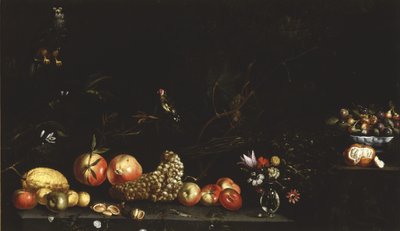 果物、花、鷹、金フィンチのある静物、1620-30 作： Luca Forte