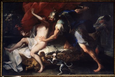 (タルクィニウスとルクレティア) ルクレティアのレイプ (ルクレツィア、ルクレティア、ローマの女性)、彼女のいとこセクストス・タークィンの暴力の犠牲者、タルクィン・ザ・スーパーブの息子。 ルカ・ジョルダーノ (1632-1705) の絵画 17 世紀の国立美術館、トゥーラ、ロシア 作： Luca Giordano
