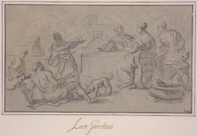 金持ちの宴会（紙にグラファイトと水墨画） 作： Luca Giordano