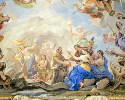 ルカ・ジョルダーノ（1634-1705）による鏡の回廊のフレスコ画「人間の誕生」（フレスコ画）、フィレンツェ、メディチ・リッカルディ宮殿蔵 作： Luca Giordano