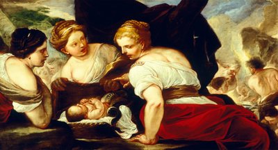 赤ん坊のエリクトニウスを入れた籠を開けるチェクロプスの娘たち、ルカ・ジョルダーノ（1634-1705）作、油彩・キャンバス、76.5x133.5cm 作： Luca Giordano