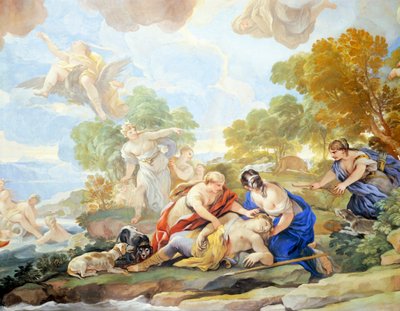 ルカ・ジョルダーノ（1634-1705）による鏡の回廊のフレスコ画「アドニスの死」（フレスコ画）、フィレンツェ、パラッツォ・メディチ・リッカルディ所蔵 作： Luca Giordano