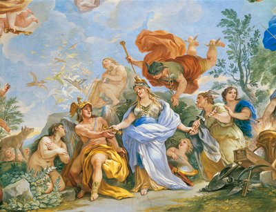 ルカ・ジョルダーノ（1634-1705）によるメディチ家の神格化のフレスコ画、詳細 作： Luca Giordano