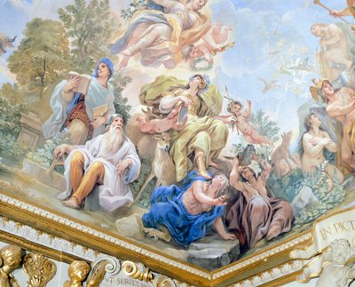 ルカ・ジョルダーノ（1634-1705）による鏡の回廊のフレスコ画「賢明さ」（フレスコ画）、フィレンツェ、メディチ・リッカルディ宮殿蔵 作： Luca Giordano