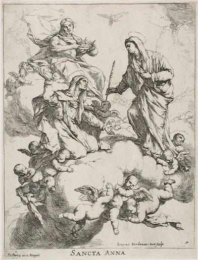 キリストと聖母によって天国で受け入れられた聖アンナ 作： Luca Giordano