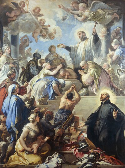 インディアンに洗礼を施す聖フランシスコ・ザビエル、ルカ・ジョルダーノ（1634-1705）作、油彩・キャンバス、421x315 cm 作： Luca Giordano