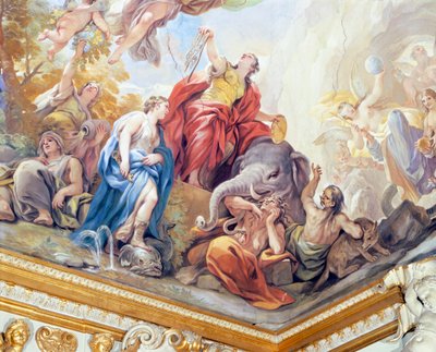 ルカ・ジョルダーノ（1634-1705）による鏡の回廊のフレスコ画の一部「節制」、フィレンツェ、メディチ・リッカルディ宮殿のフレスコ画 作： Luca Giordano