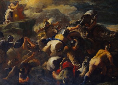 向こうの丘の頂上でのイスラエル人とアマレク人、アーロンとフルのモースを支えるアマルキ人の戦い 作： Luca Giordano