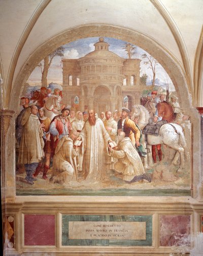 Benedict sends Maurus in France and Placid in Sicily (ベネディクトがフランスにマウルスを送り、シチリアにプラシッドを送る) ルカ・シニョレッリが作った回廊のフレスコ画には、ベネディクト修道会の創設者である聖ベネディクト・オブ・ヌルシー（480 - 567）の生涯が描かれている 1497年～。 作： Luca Signorelli