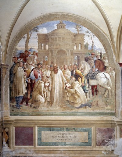 Benedict sends Maurus in France and Placid in Sicily (ベネディクトがフランスにマウルスを送り、シチリアにプラシッドを送る) ルカ・シニョレッリが作った回廊のフレスコ画には、ベネディクト修道会の創設者である聖ベネディクト・オブ・ヌルシー（480 - 567）の生涯が描かれている 1497年～。 作： Luca Signorelli