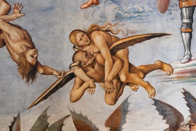 地獄に堕ちて、空飛ぶ悪魔が裕福な罪人を肩に担ぎ、ニヤリと笑う彼女の方を振り返り、明らかに獲物に満足している様子の詳細 作： Luca Signorelli