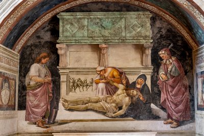 オルヴィエートの 2 人の聖人による死んだキリストの嘆き (右が S. パレンツォ、左が S. ファウスティーノ) 作： Luca Signorelli