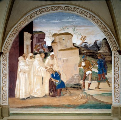 ヌルシーの聖ベネディクト（480〜547年頃）の生涯。"Benedict admonishes the brother of monk Valerian who has broken his fast" (ベネディクトは断食を破った修道士バレリアンの弟をどのように諭すか) ルカ・シニョレッリ(ca. 1445-15)が制作した回廊のフレスコ画。 作： Luca Signorelli