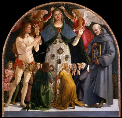 慈悲の聖母と聖セバスチャンとベルナルディーノダシエナc。 1490 作： Luca Signorelli