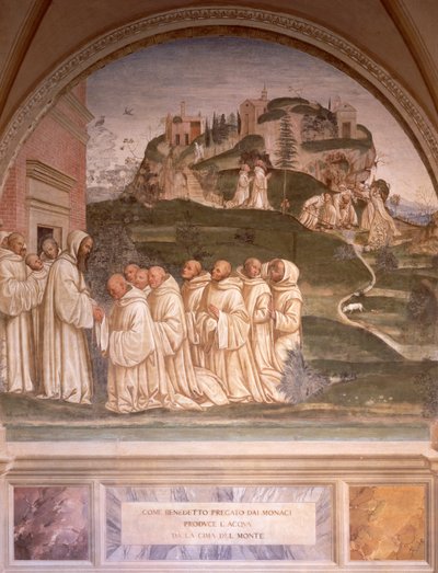 聖ベネディクトの物語、ルカ・シニョレッリ（約1445-1523）作、フレスコ画。モンテ・オリヴェート・マッジョーレ修道院、聖ベネディクトの回廊。 作： Luca Signorelli