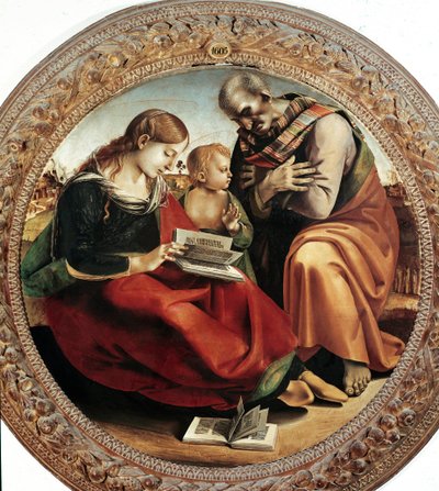 The Holy Family」です。ルカ・シニョレッリ（1450-1523）の絵画、1495年頃。トンドです。油彩・キャンバス直径：124cmフィレンツェ、ウフィツィ美術館（フィレンツェ、ウフィツィ美術館 作： Luca Signorelli