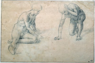 二人の裸の男がしゃがんでいる様子 ルカ・シニョレッリ（1441-1523）のドローイング 15世紀 日0.31x0.7 m パリ、ルーヴル美術館 作： Luca Signorelli