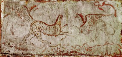 パンテールとグリフォンの戦い イタリア、パエストゥムのネクロポリスにある「騎手の墓」から出土した紀元前4世紀のルカン人のフレスコ画。パエストゥム国立考古学博物館蔵 作： Lucanian School