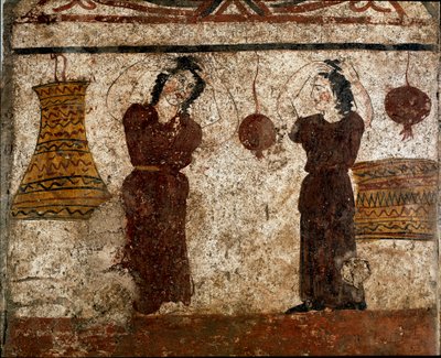 葬儀中の踊り子たち イタリア、パエストゥムのネクロポリスから出土した紀元前4世紀のルカ人のフレスコ画。パエストゥム国立考古学博物館蔵 作： Lucanian School