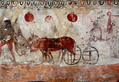 群れの管理人と2頭のロバ イタリア、パエストゥムのネクロポリスから出土した紀元前4世紀のルカン人のフレスコ画。パエストゥム国立考古学博物館蔵 作： Lucanian School