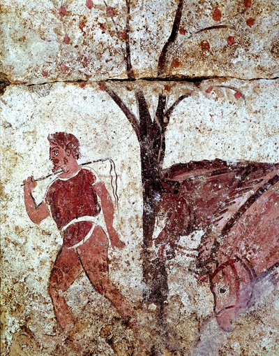 二頭の馬を引く農民 イタリア、パエストゥムのネクロポリスから出土した紀元前4世紀のルカ人のフレスコ画。パエストゥム国立考古学博物館蔵 作： Lucanian School