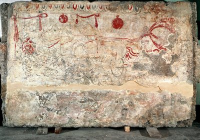 イタリア、パエストゥムのネクロポリスから出土した紀元前4世紀のルカニア人の四角いフレスコ画。イタリア国立考古学博物館、パエストゥム 作： Lucanian School