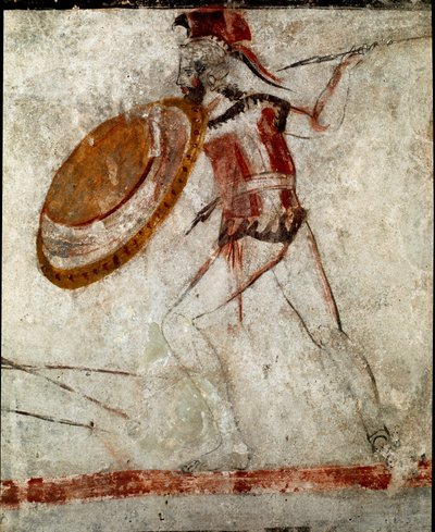 槍と盾を持った戦士 イタリア・パエストゥム遺跡「騎馬民族の墓」出土の紀元前4世紀のルカニア人のフレスコ画。イタリア国立考古学博物館、パエストゥム 作： Lucanian School