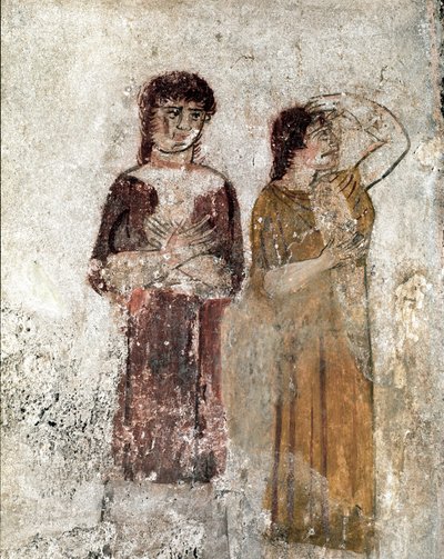 二人の女性の肖像 イタリア・パエストゥム遺跡「騎馬民族の墓」に描かれた紀元前4世紀のルカ人のフレスコ画。イタリア国立考古学博物館、パエストゥム 作： Lucanian School