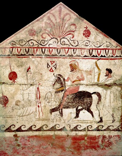 イタリア、パエストゥムのネクロポリスにある墓86から出土した紀元前4世紀のルカニア人のフレスコ画「勝利した戦士の帰還」。イタリア国立考古学博物館、パエストゥム 作： Lucanian School