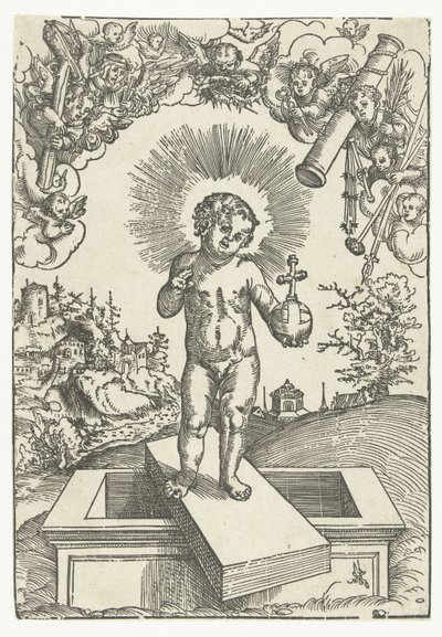 情熱の道具を持った天使たちに囲まれた救世主としての幼子キリスト 作： Lucas Cranach