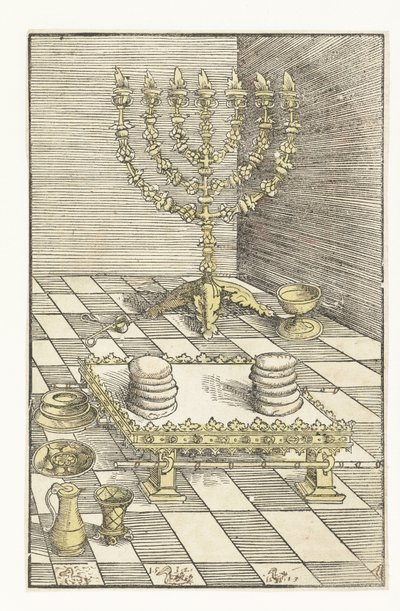 七本腕の燭台と供えのパンのあるテーブル 作： Lucas Cranach